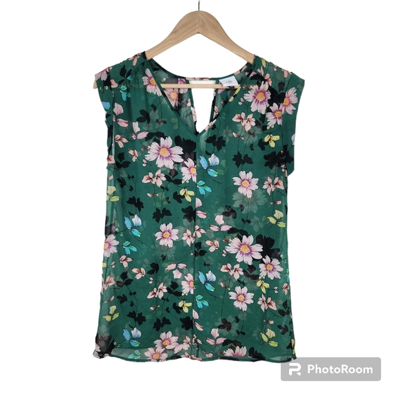 CAbi Tops - Cabi Green Daisy Vine Floral Shadow V Neck Sheer Blouse Top Sz S
